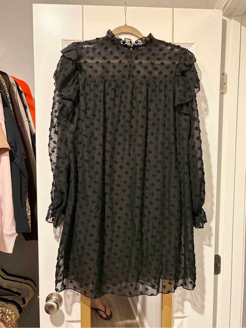 Black Sheer Ruffle-Trim Long-Sleeve Shift Dress